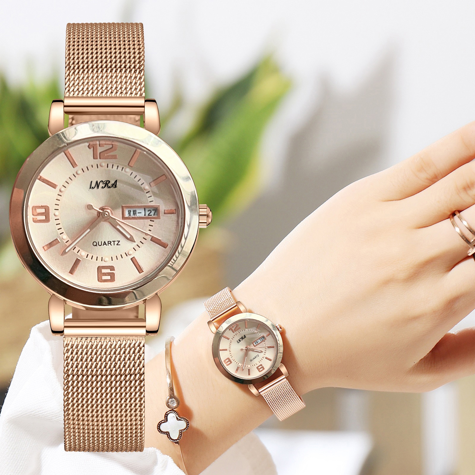 时尚简约玫瑰金网带女表腕表双历8816  H