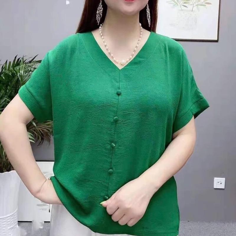 夏季新款纯色短袖洋气减龄休闲宽松妈妈装时尚女士V领小衫百搭t恤