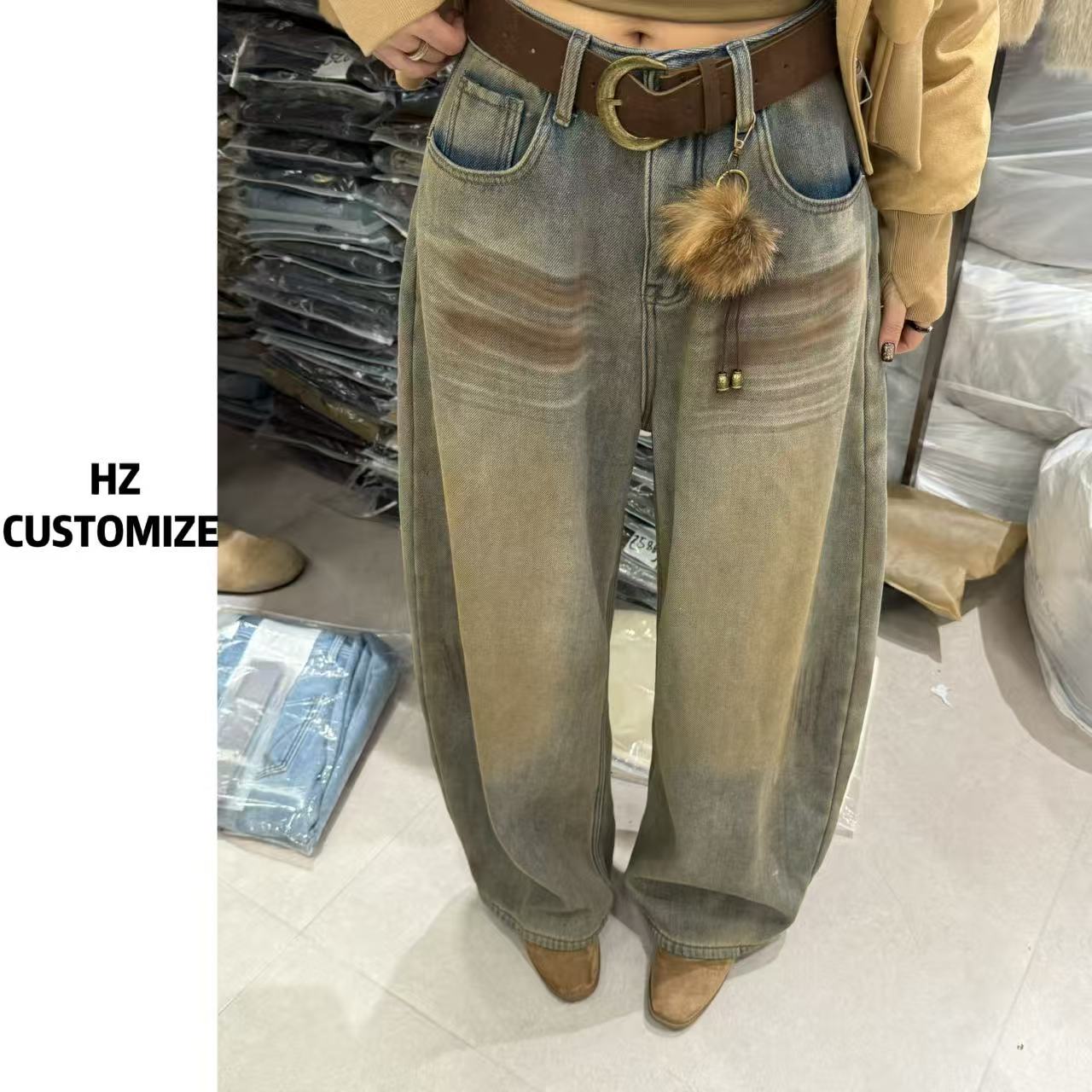 惠惠子甄选【加绒扎染复古弯刀牛仔裤】新款复古水洗做旧阔腿牛仔裤