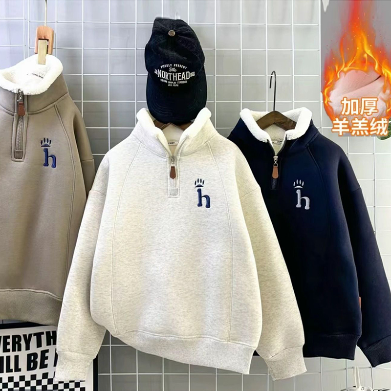 加绒加厚儿童冬季学生半拉链羊羔绒卫衣男女童保暖衣中大童打底衫