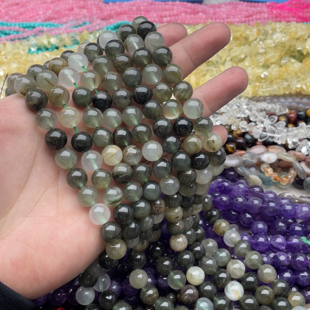 玛瑙/玉髓珠宝半成品未镶嵌一条装卡10mm绿兔毛圆珠