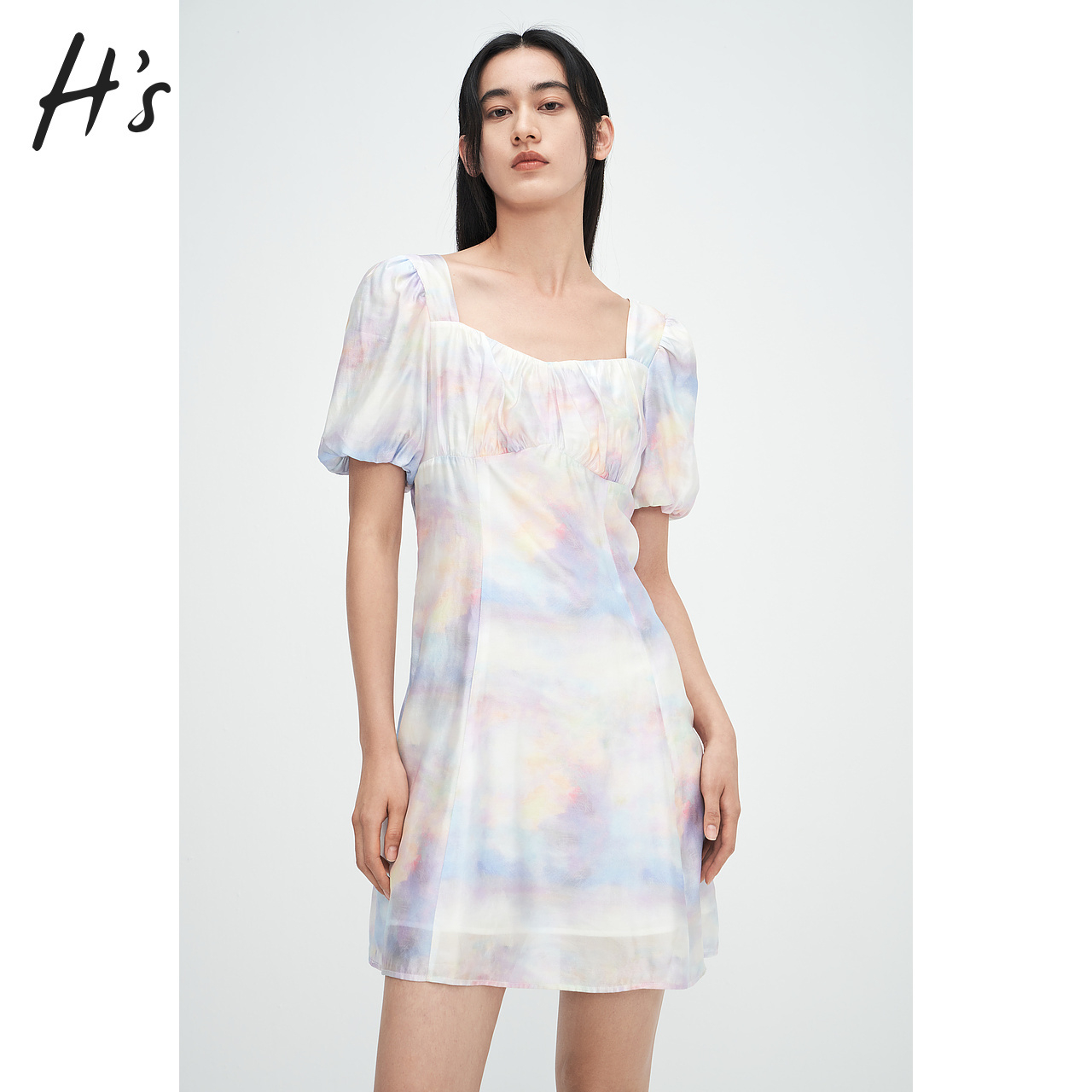 HS幻彩方领连衣裙夏季新品女装甜美泡泡袖减龄小众渐变裙子
