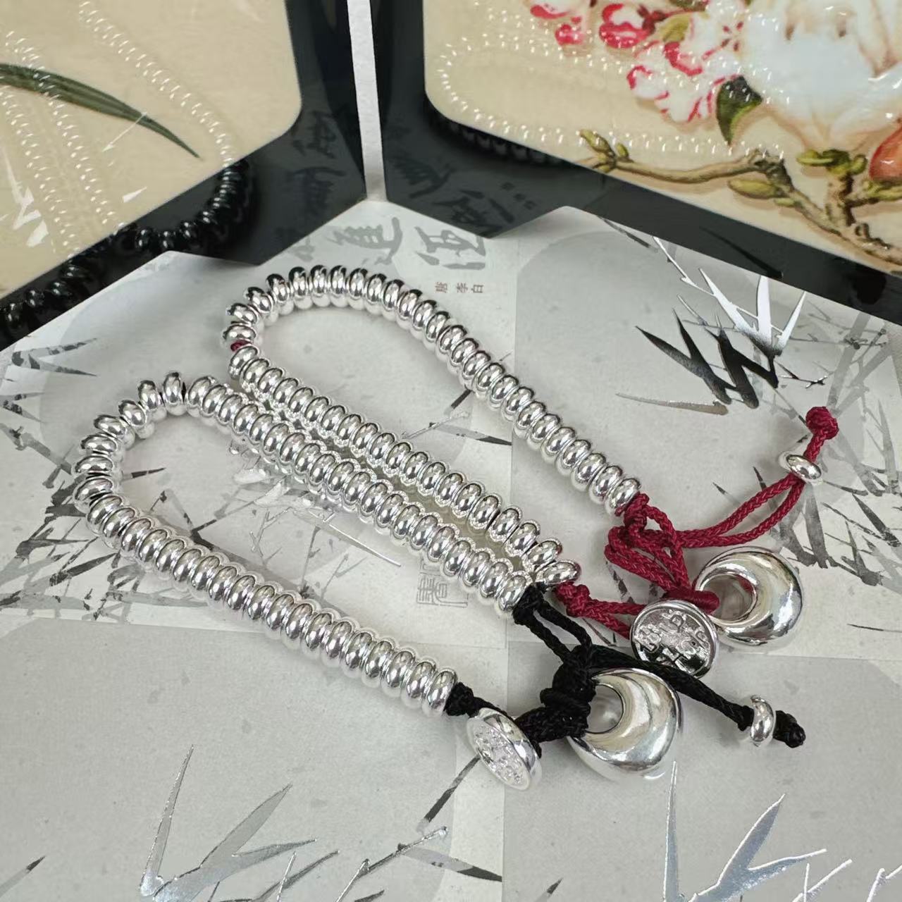足银手链 红黑盘缠腰缠万贯钱串子招米米手工编织红绳手链百搭
