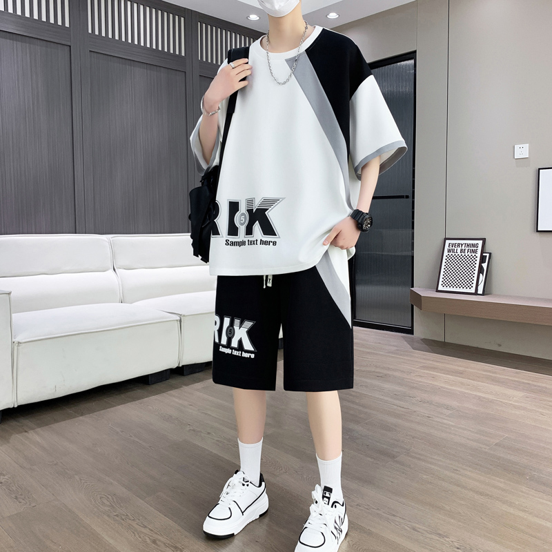 夏季青少年短袖套装港风冰丝撞色两件套潮流帅气凉感透气夏装
