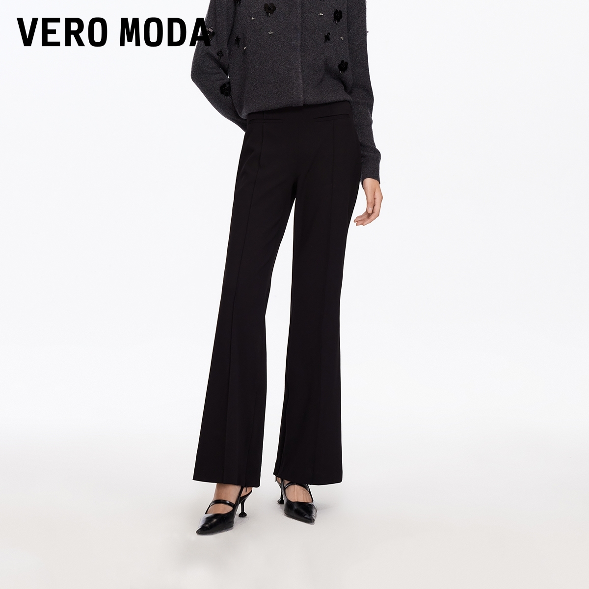 Vero Moda休闲裤25秋冬新款高腰纯色拉链微喇裤显高显瘦高级感