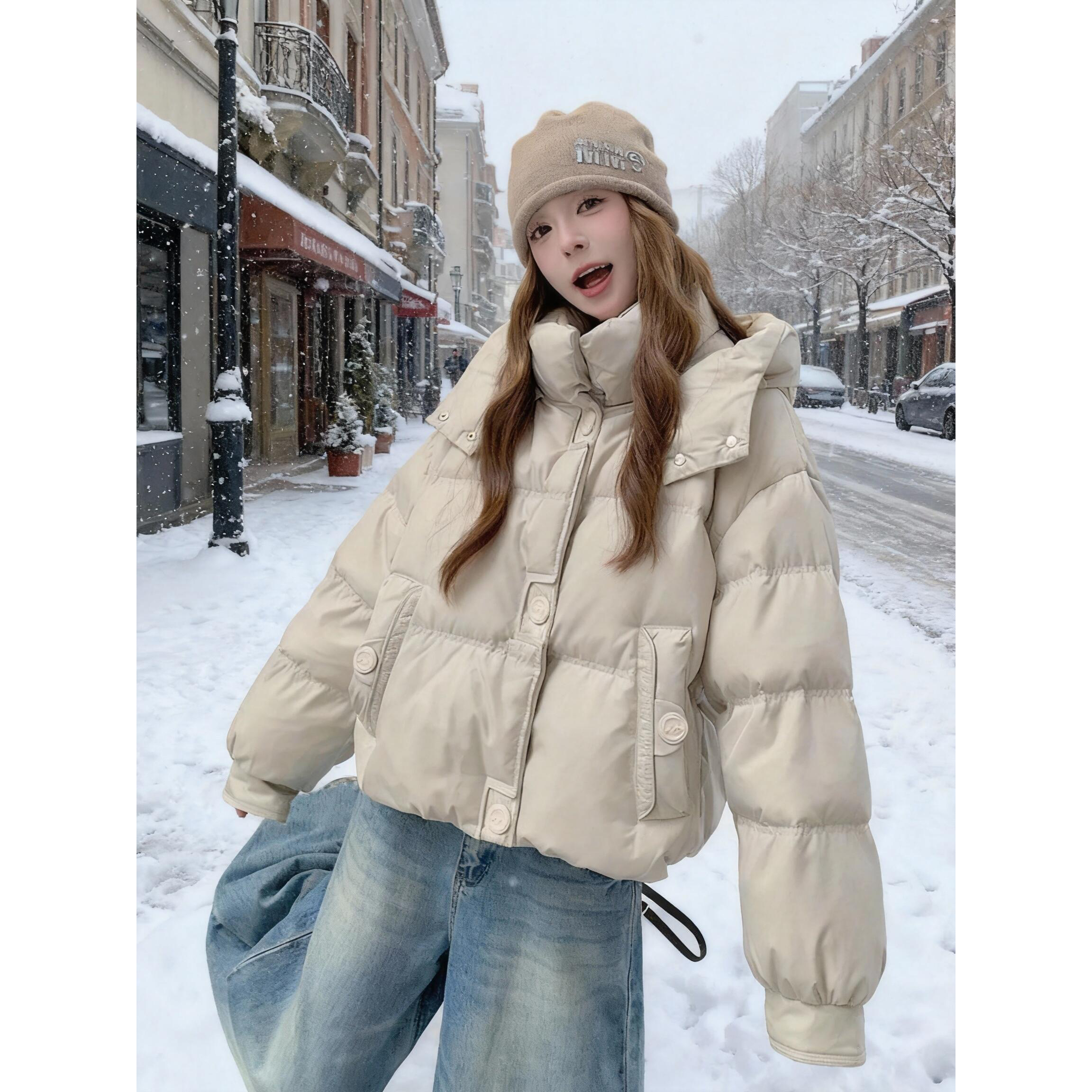 韩系连帽短款棉服女冬季2025新款设计感时尚加厚显瘦面包服外套