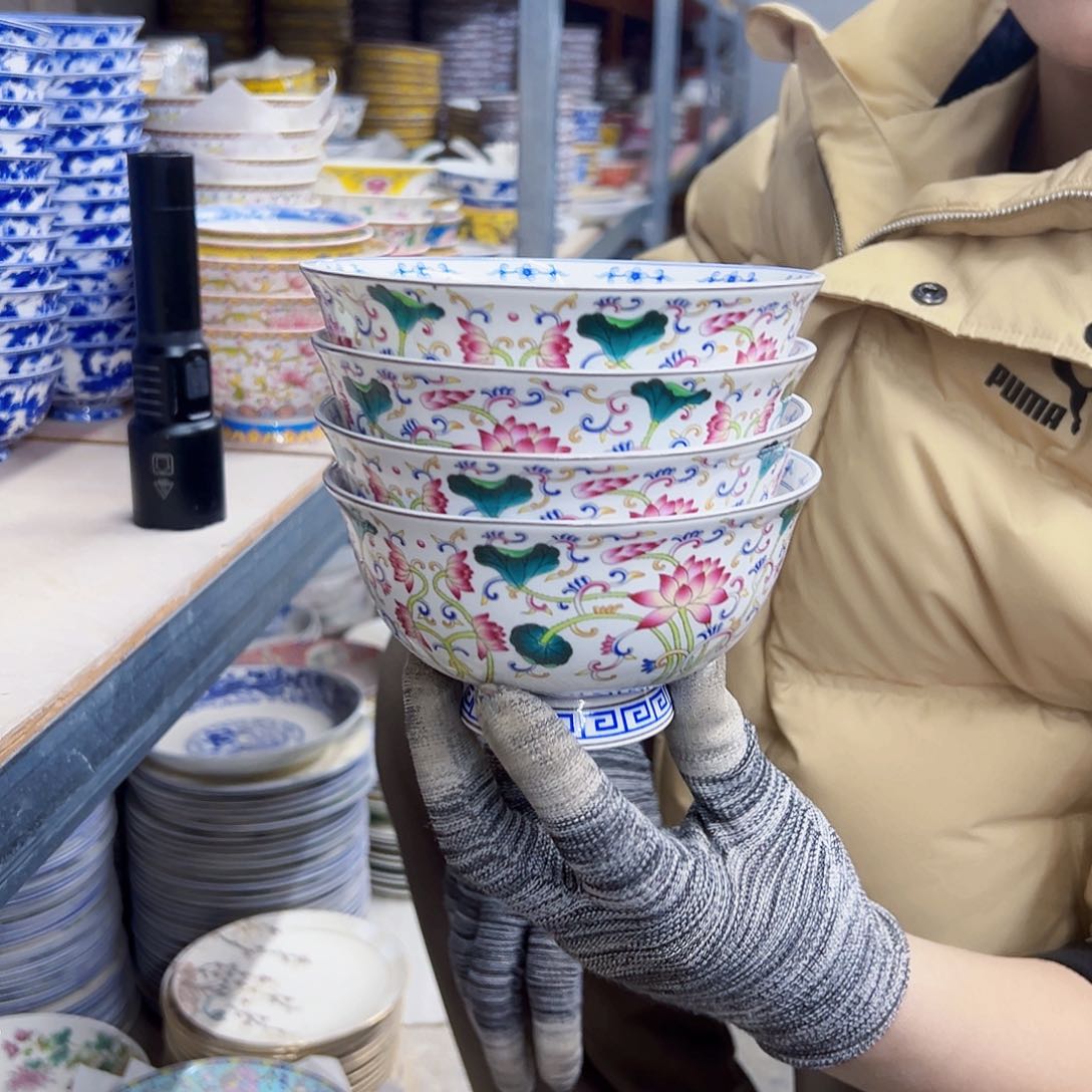 瓷片5英寸五彩荷花碗4个