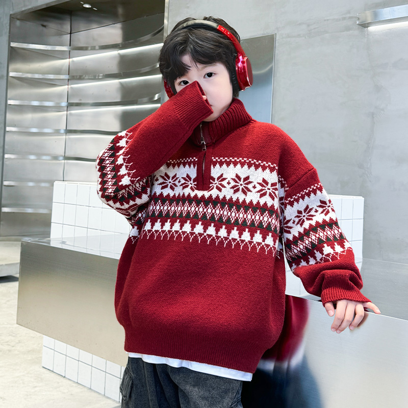 男童冬季加厚红色毛衣2026新款中大童儿童本命新年秋冬马年拜年服