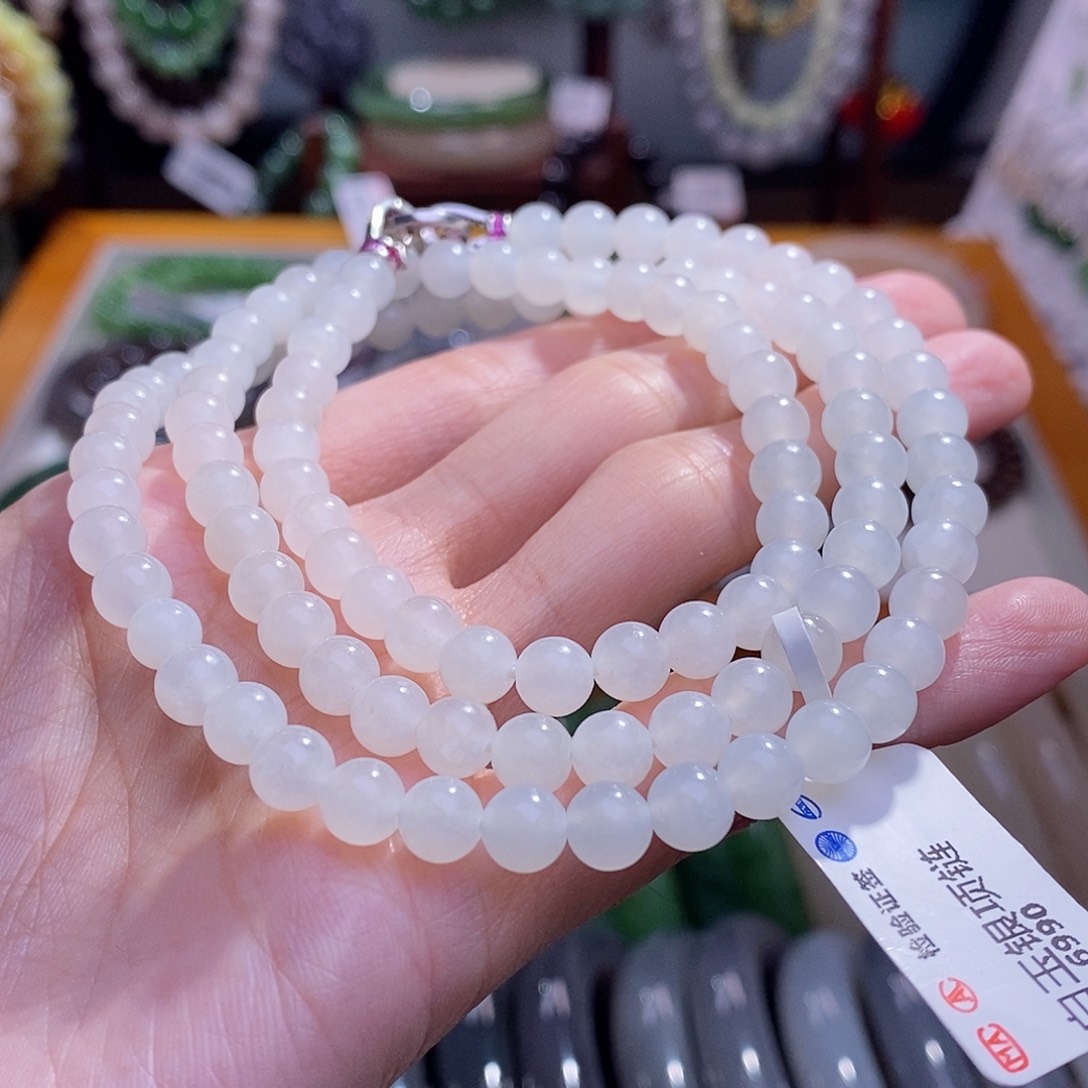 和田玉新疆银镶羊脂白玉项链6MM未镶嵌