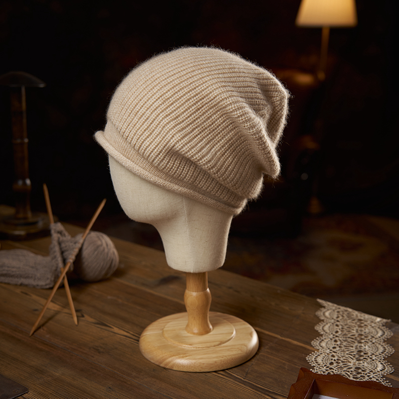 B加厚元宝针秋冬季纯山羊绒卷边时尚百搭针织堆堆帽韩版冷帽