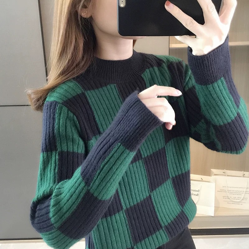 【藏青色格子毛衣】秋冬新款加软细毛重工针织衫毛衣