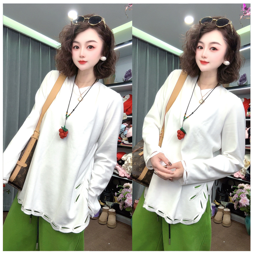 【DJ轻奢】下摆袖口蕾丝】镂空秋冬棉加厚白色T恤中长打底衫