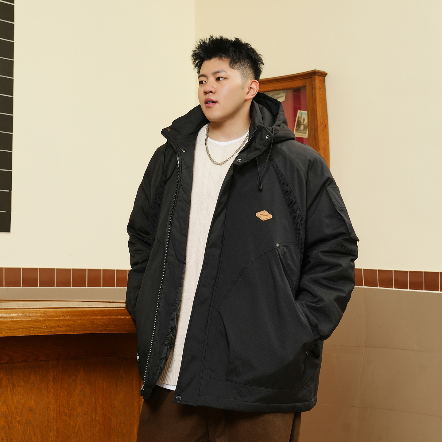 THE PANG潮牌大码男装胖子冬季宽松加厚保暖棉服冬装棉衣连帽外套