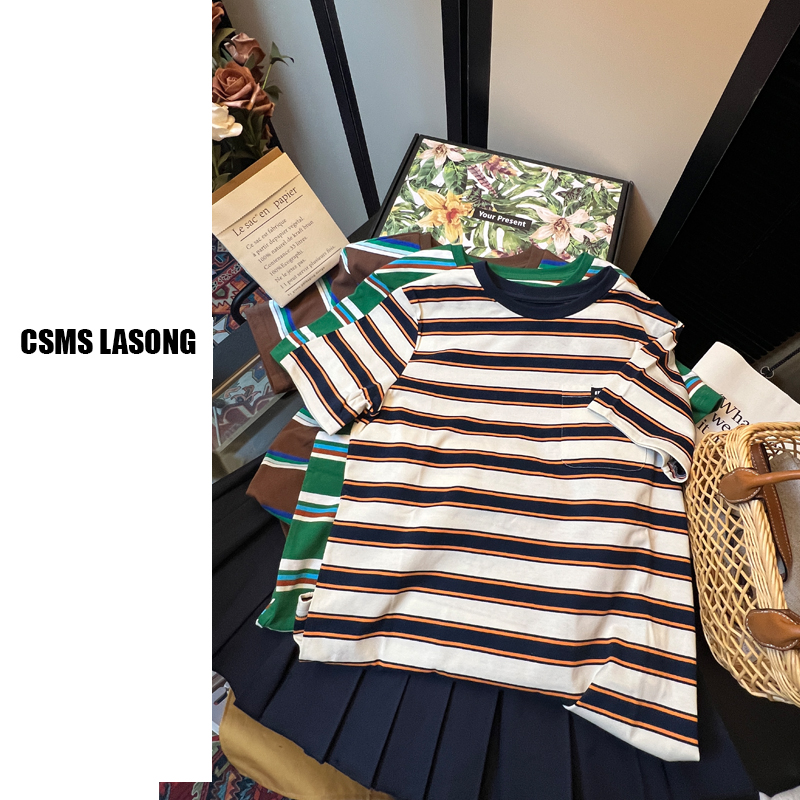夏季新款T恤条纹圆领洋气时尚休闲宽松显瘦设计感半袖