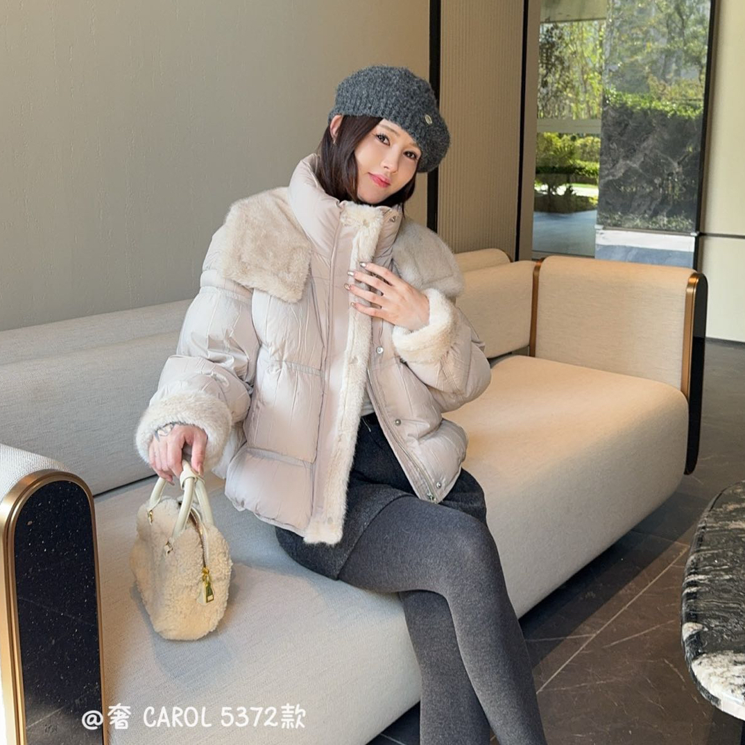 新款加厚短款环保毛拼接白鸭绒羽绒服5372