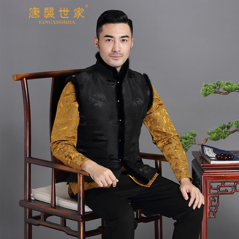 唐襲世家唐装男中式马甲加棉加厚桑蚕丝冬季坎肩中老年休闲马夹上
