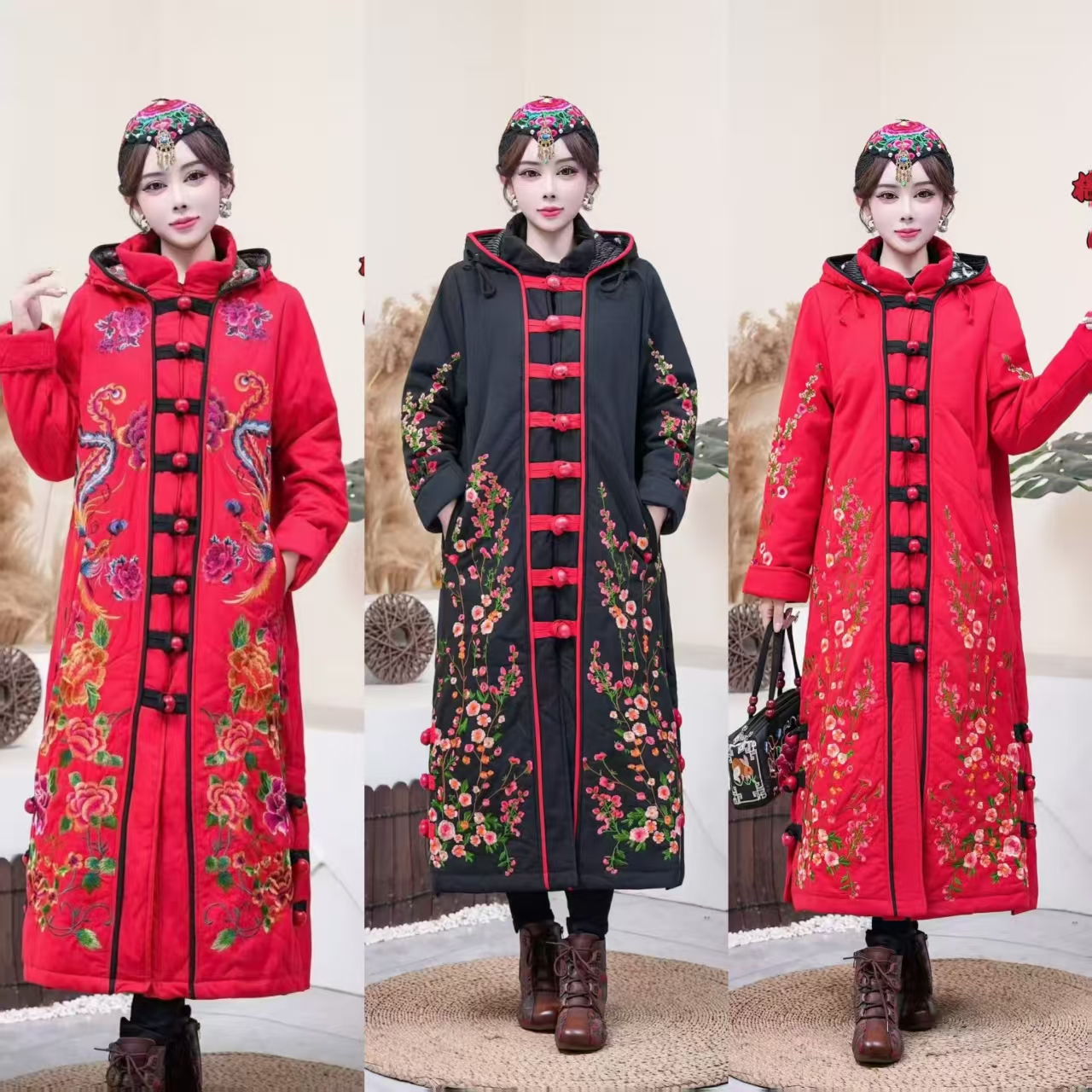 【爱漂亮】秋冬季新款刺绣长款保暖长款连帽棉服棉衣外套女装秋冬