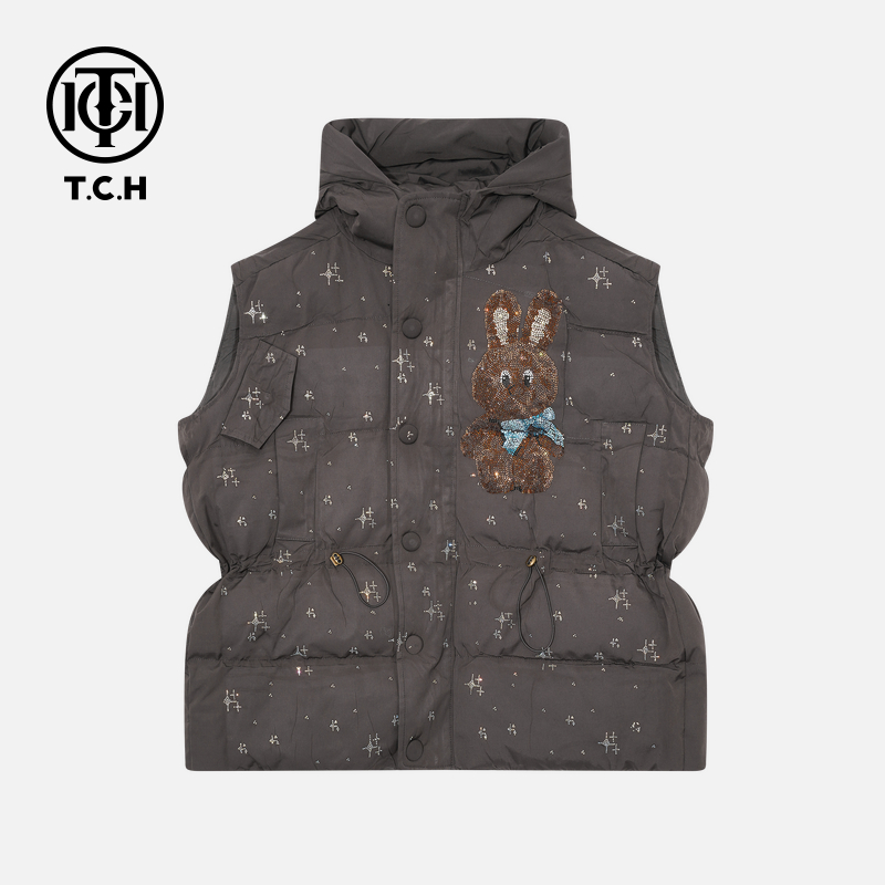 TCH【含90%绒子】冬款慵懒风时尚烫钻淑女深灰色马甲T75D25E1015