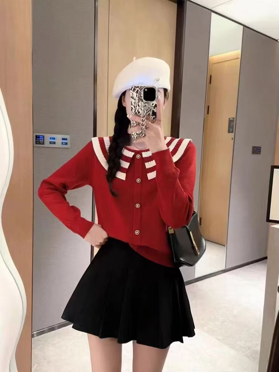 秋冬季新款宽松时尚百搭上衣女高级设计感荷叶领拼接撞色长袖针织