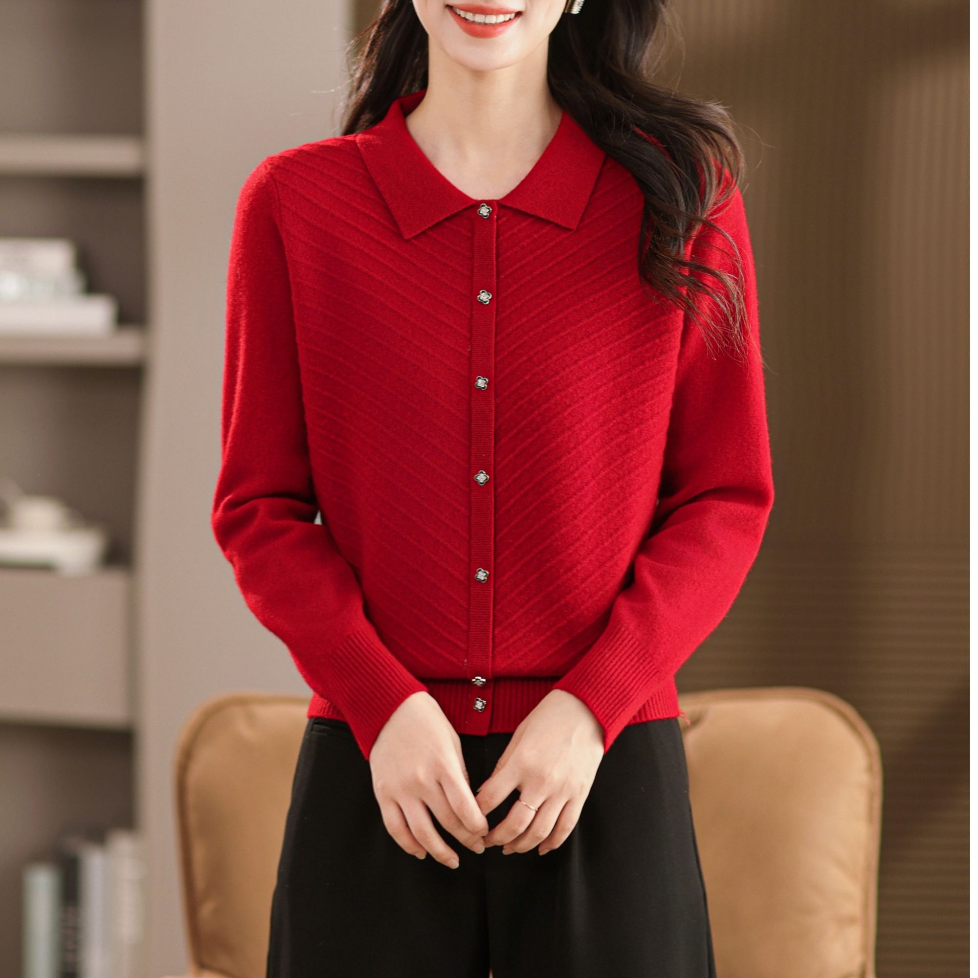 黛妍6812冬季新款100%羊毛洋气时尚女款翻领针织套头上衣