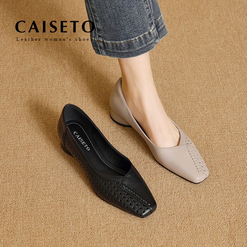 头层羊皮/3.5cm新款方头低跟真皮单鞋软底平底百搭女鞋D402