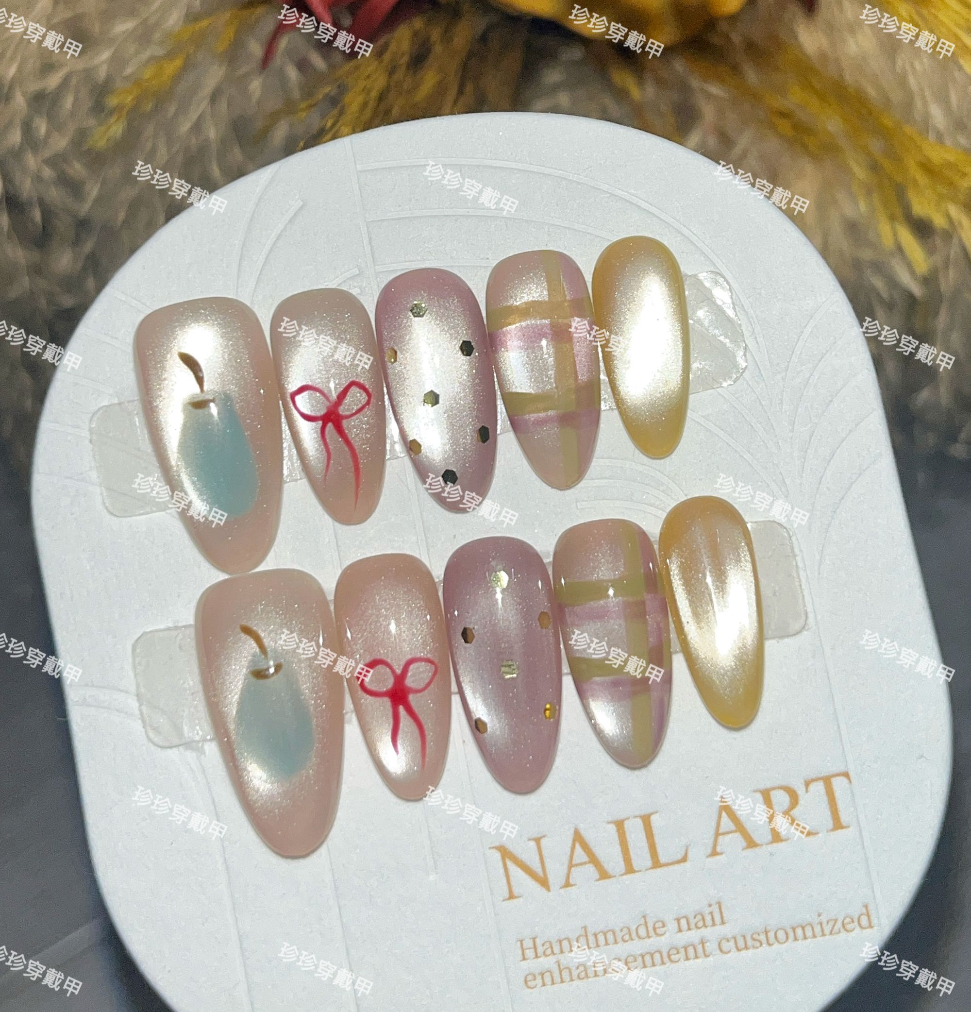 【冰糖雪梨】珍珍手工穿戴甲夏日清透猫眼手绘冻梨格纹亮片波点美甲