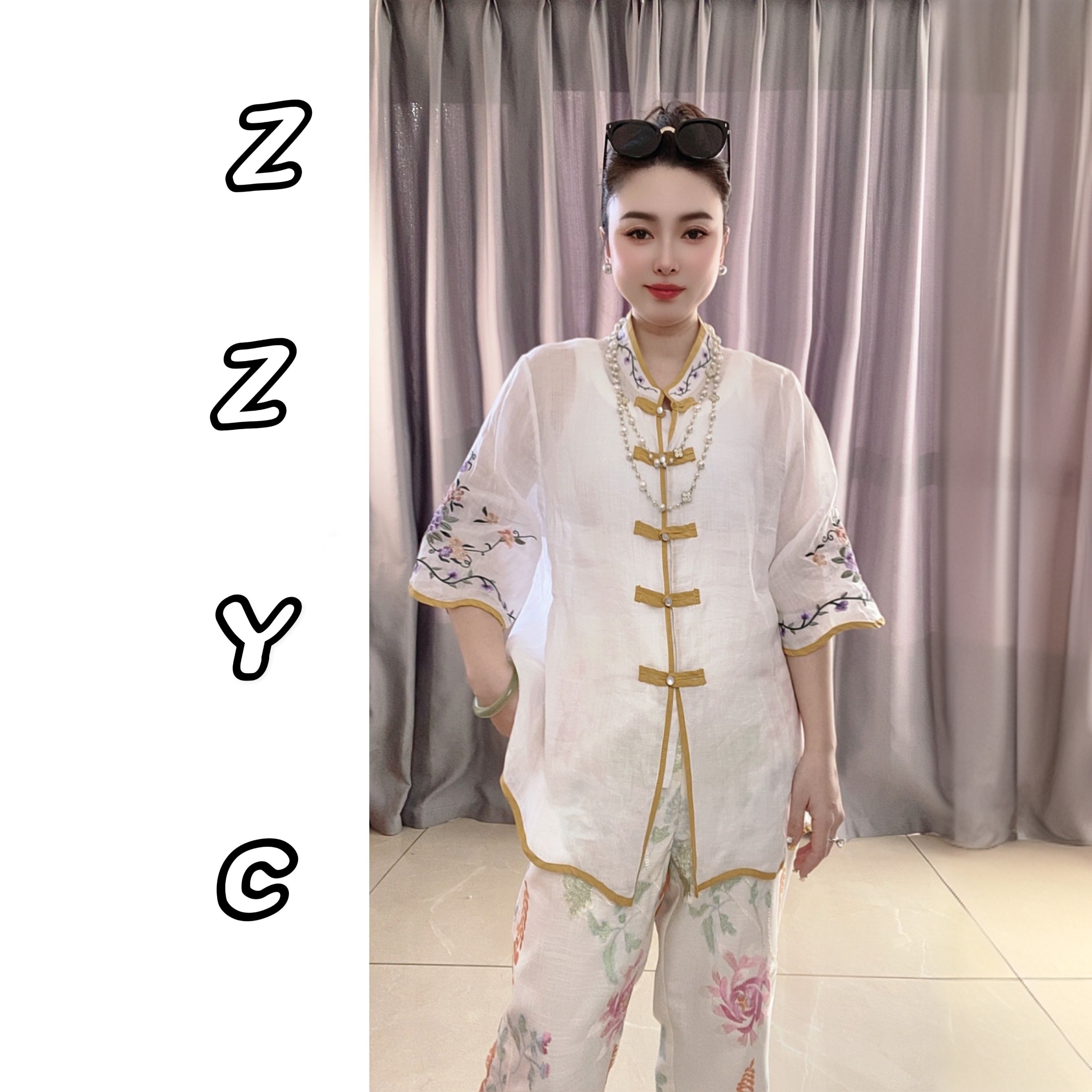 zz赵赵夏季新中式复古宽松刺绣五分袖薄款女士衫中国风