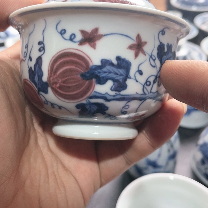 景德镇陶瓷西瓜釉里红两财盖碗