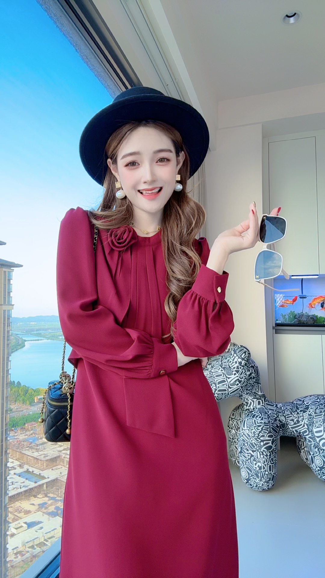 【巴黎夜宴】扎花连衣裙中长裙不褪色方领中裙收腰拉链轻奢24289