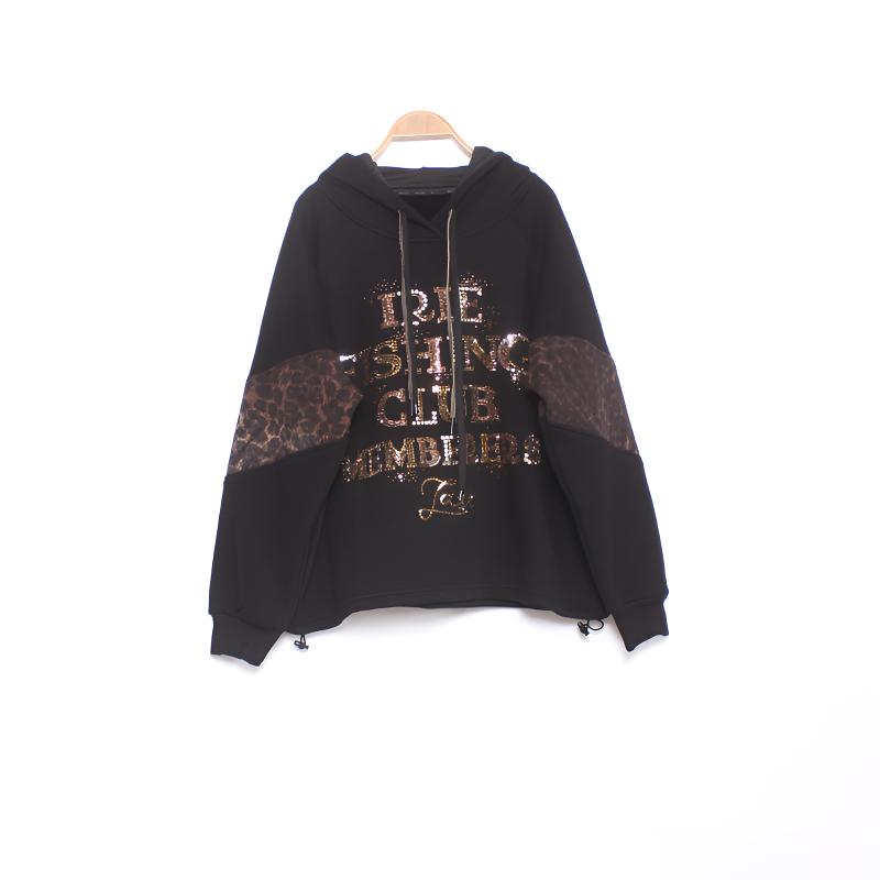 显瘦卫衣加绒加厚大码宽松休闲百搭字母重工烫钻时尚潮牌拼接豹纹