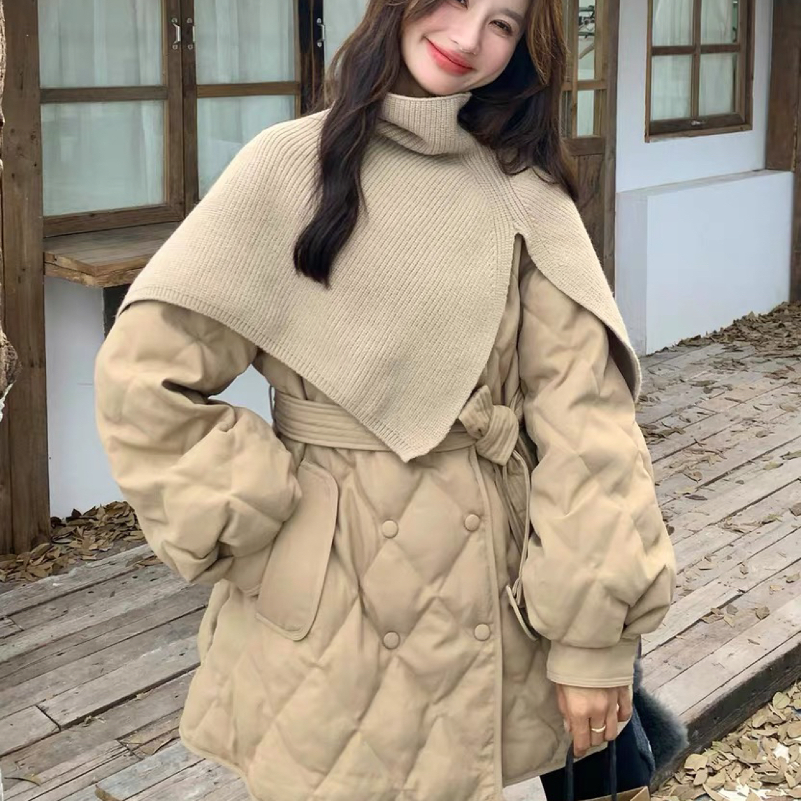 25889 针织披肩绗缝菱格加厚外套B23-2