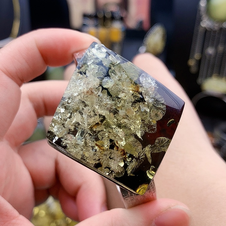 琥珀裸石银S925镶嵌手镯