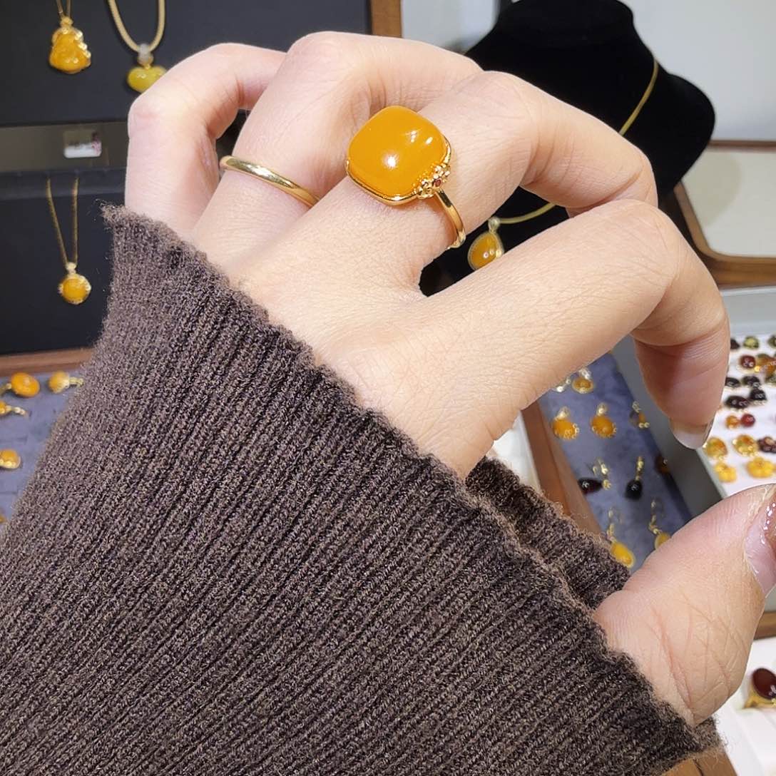 蜜蜡银S925镀金镶嵌戒指