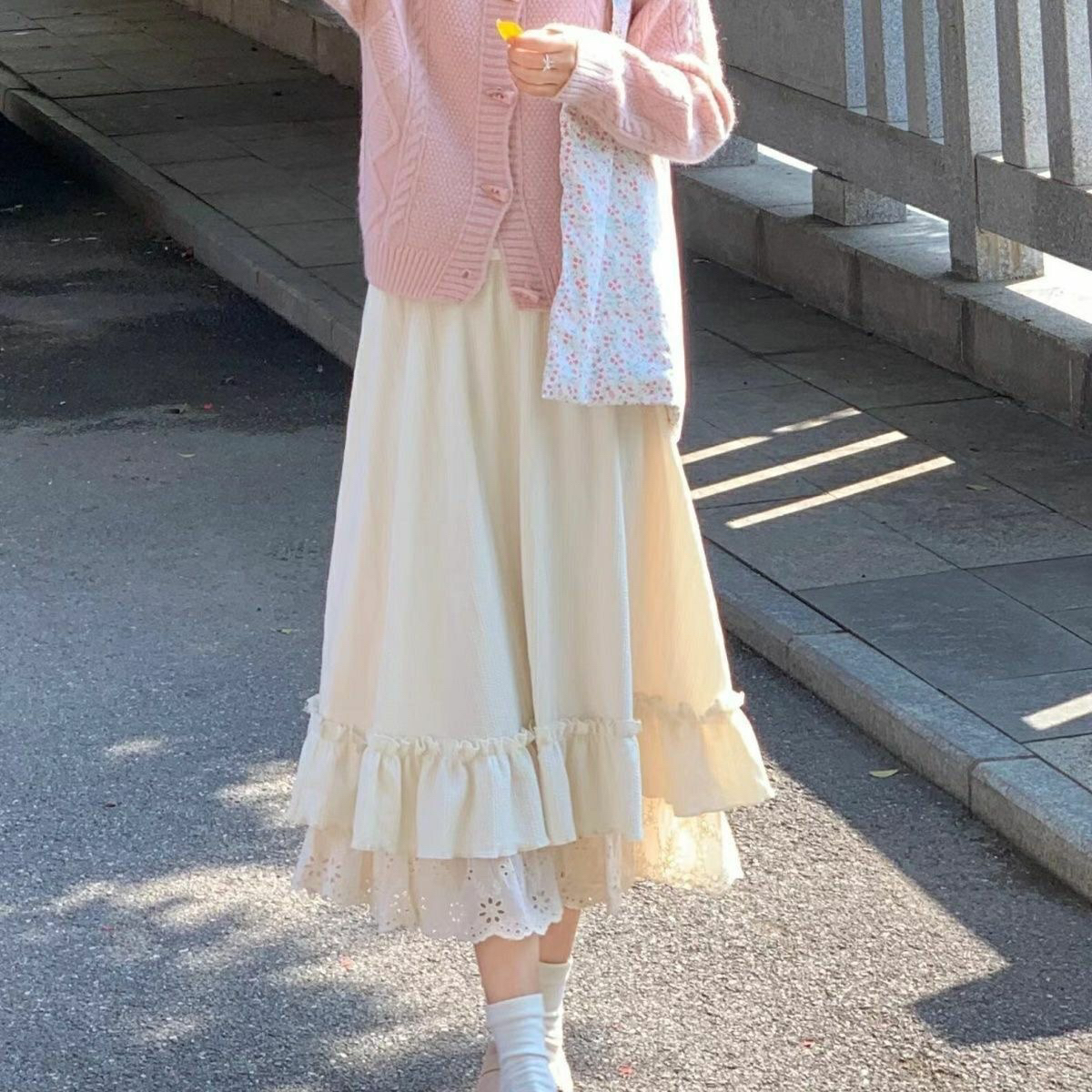 温柔杏色半身裙女2025春秋冬新款a字裙蕾丝蛋糕裙小个子长裙裙子