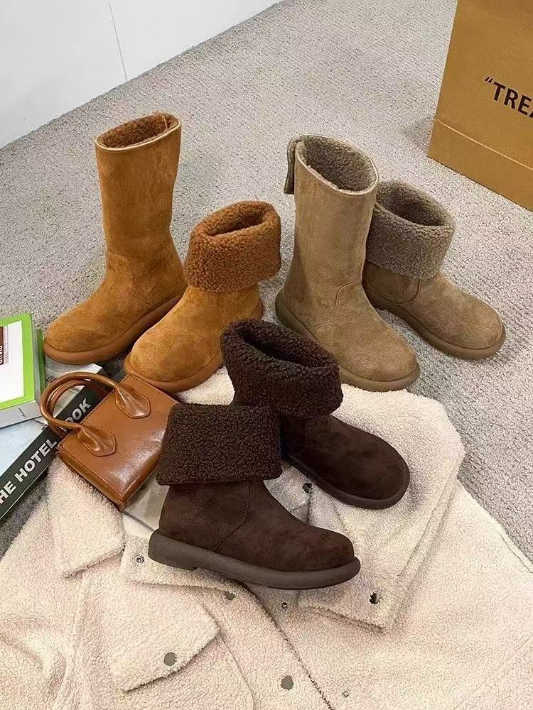 D爆款磨砂皮羊羔绒毛毛鞋翻领两穿雪地棉靴短靴显瘦时尚套筒女靴