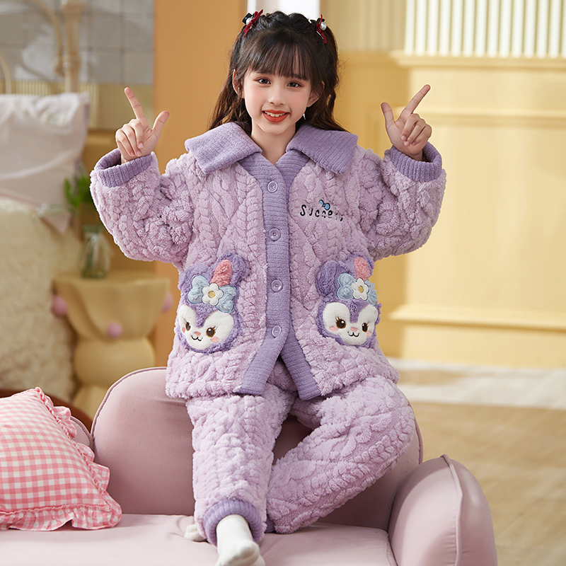 三昌女童睡衣秋冬季三层夹棉加厚珊瑚绒女孩保暖家居服两件套