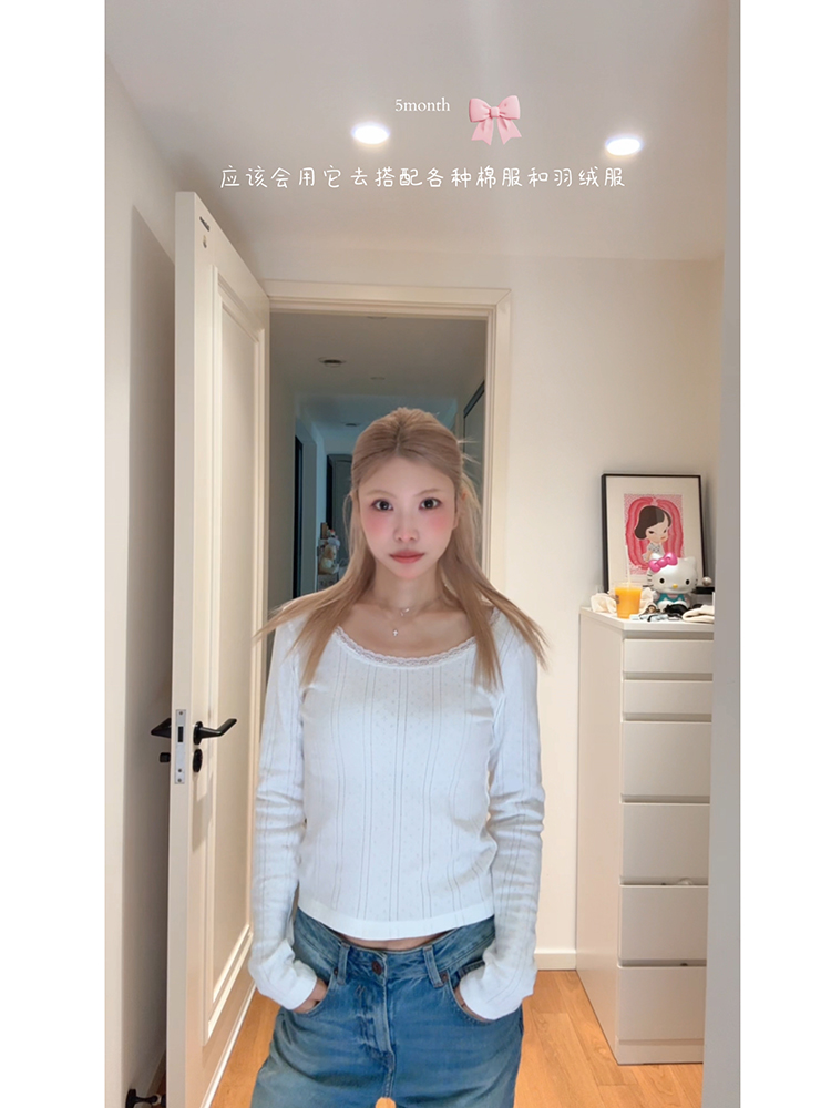 【圆领蕾丝】竖坑条长袖超百搭3057