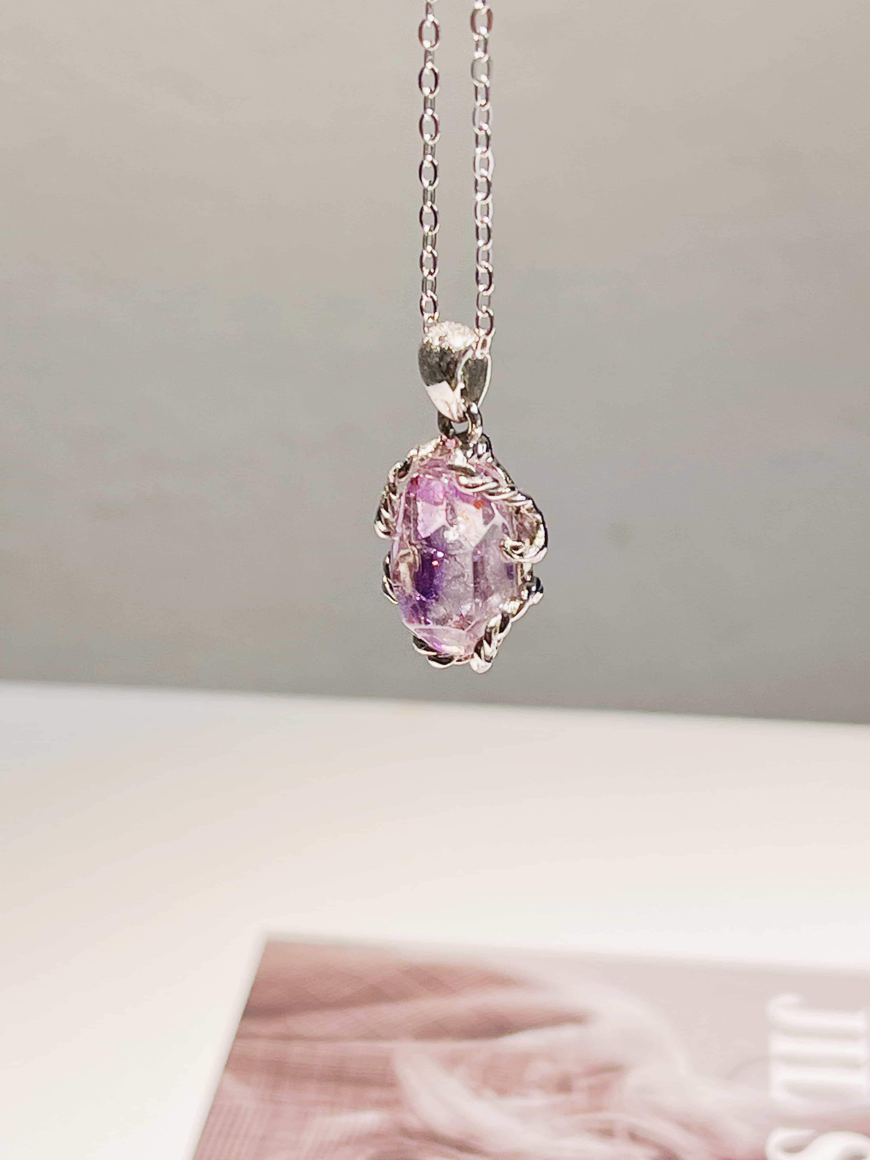 天然水晶吊坠925银麻花镶嵌链气质优雅紫色超七随形水晶锁骨