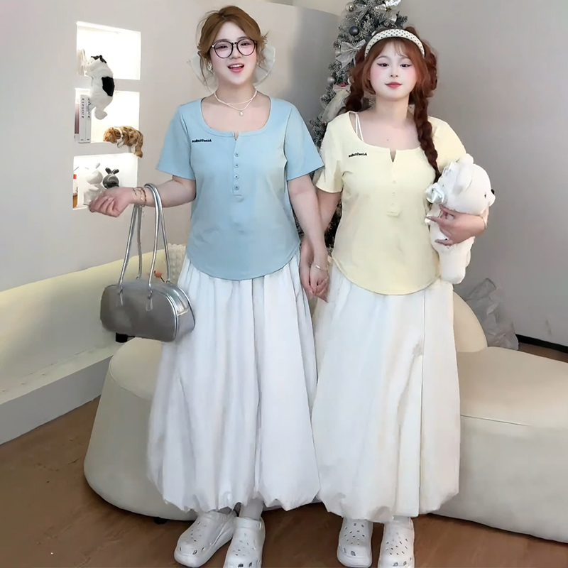 【6591】大码女装胖mm夏季短袖T恤遮肚子甜美多巴胺上衣百搭显瘦