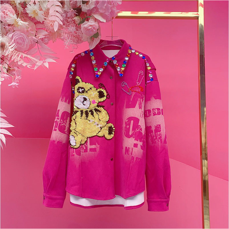 A4927欧美设计师2025冬季新款重工刺绣亮片卡通小熊字母衬衫外套