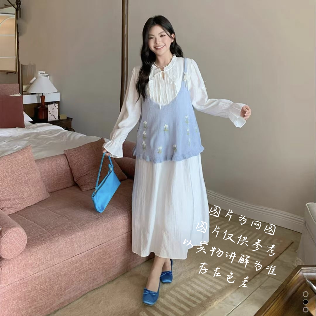 【大白莎家】韩版减龄甜美刺绣花朵背心+衬衫秋款女装胖mm