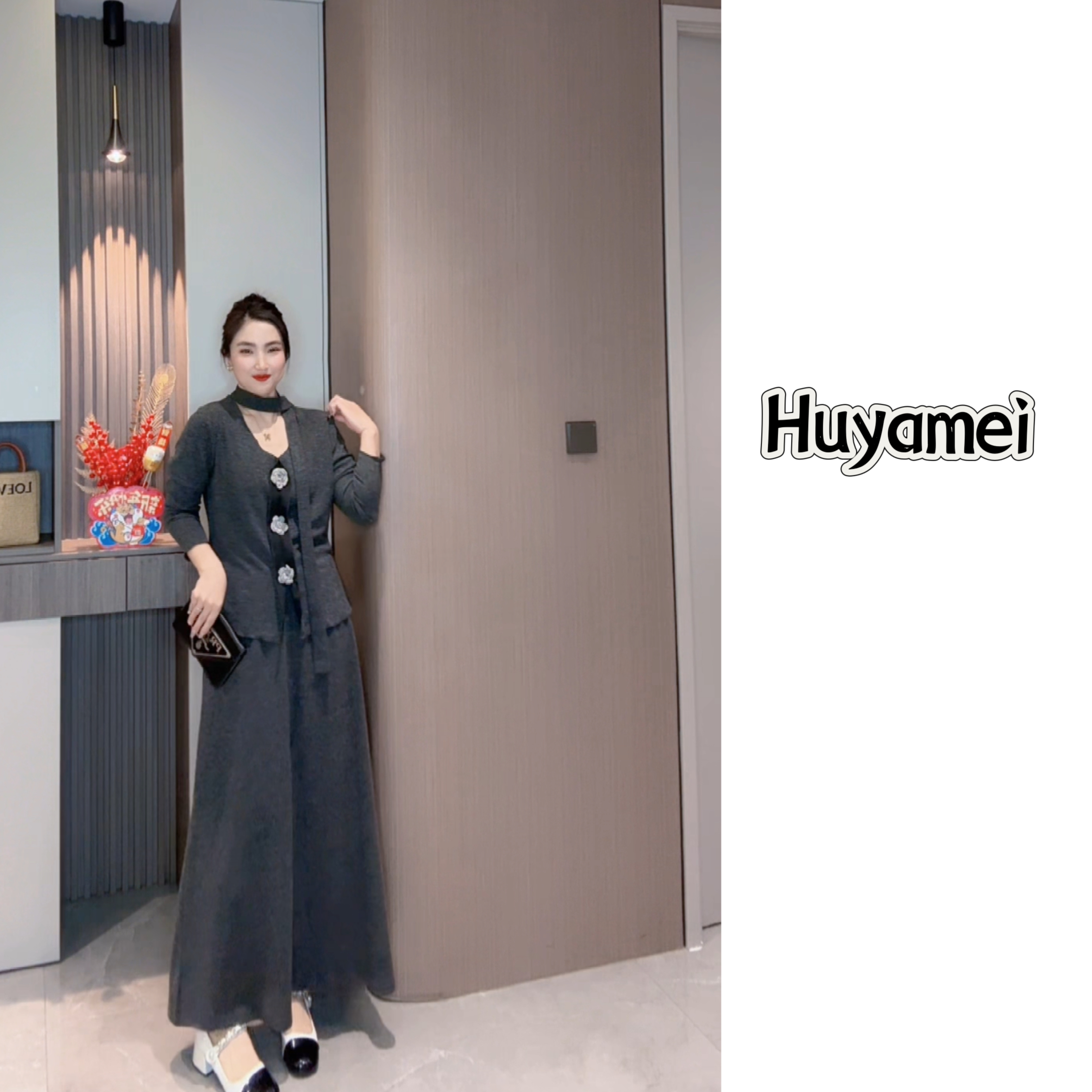 立体花朵飘带上衣高腰显瘦半身裙针织套装