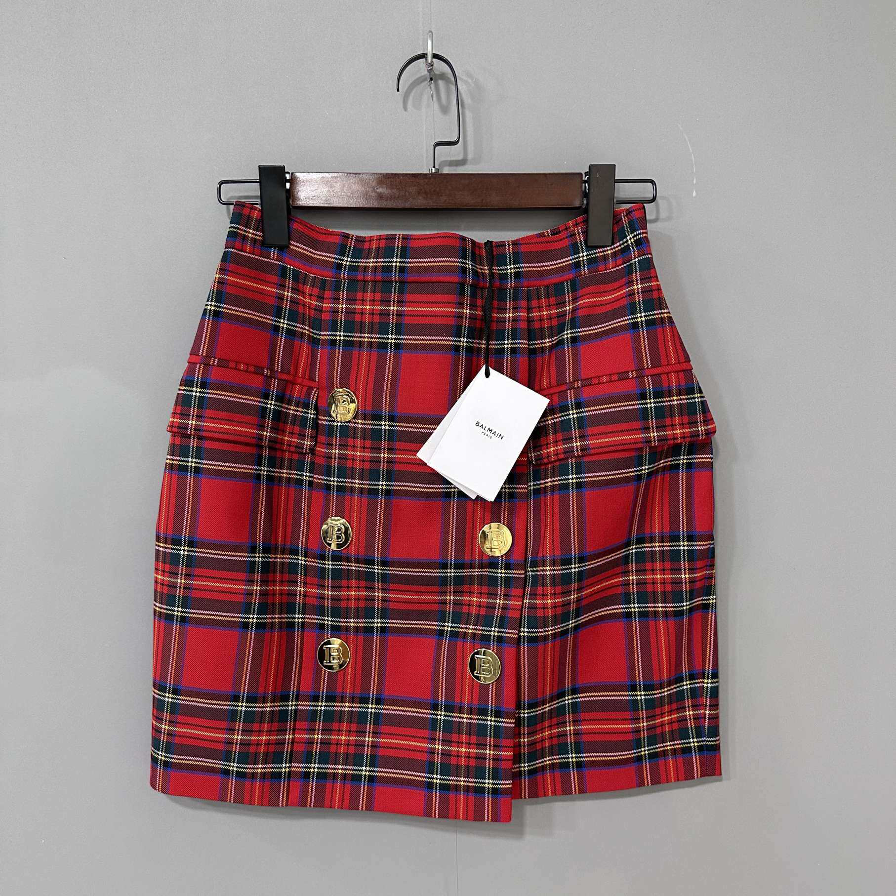 未使用 BALMAIN/巴尔曼 金扣红格子短裙/38码/74897