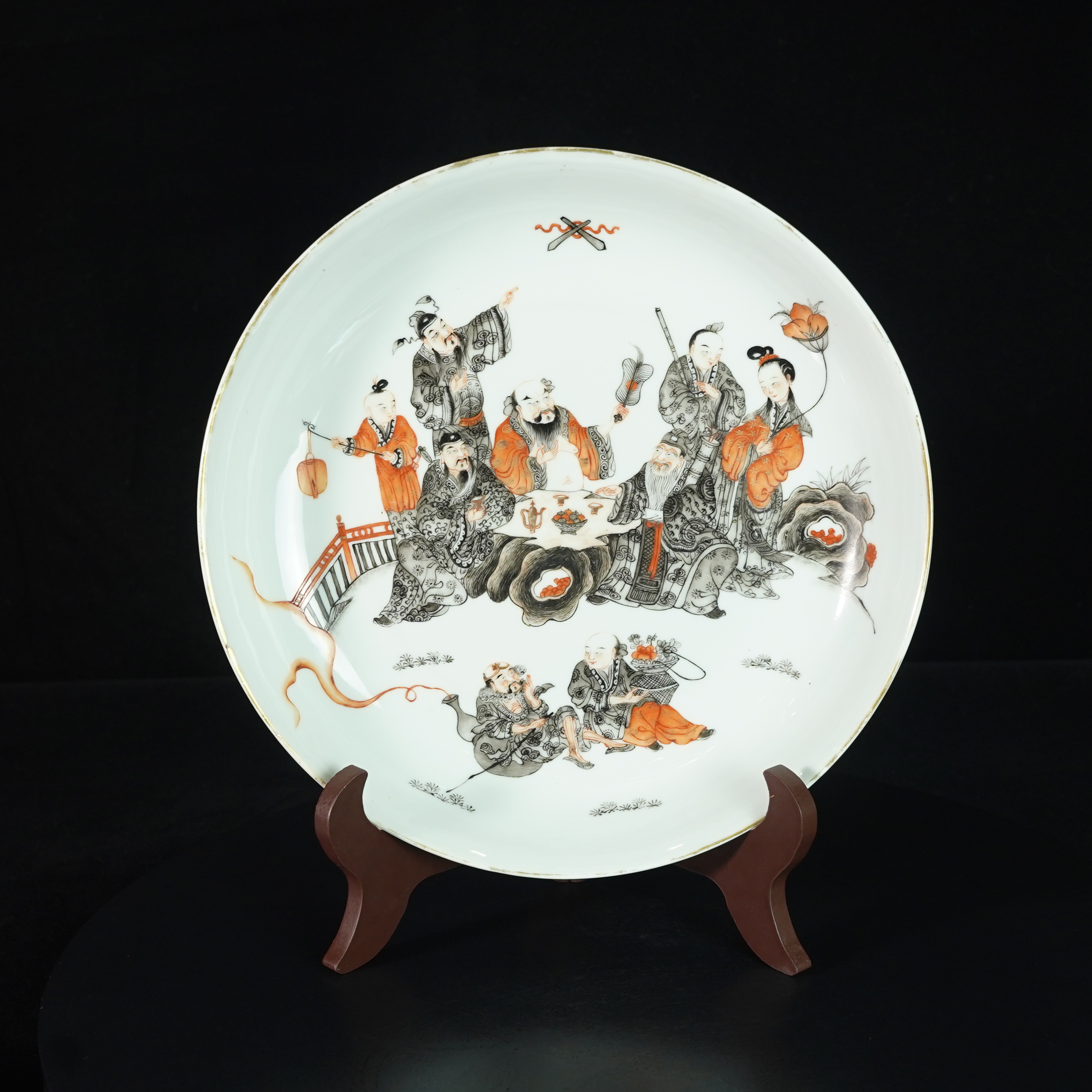 LAQ250304004【十竹斋】民国墨彩矾红八仙人物赏盘