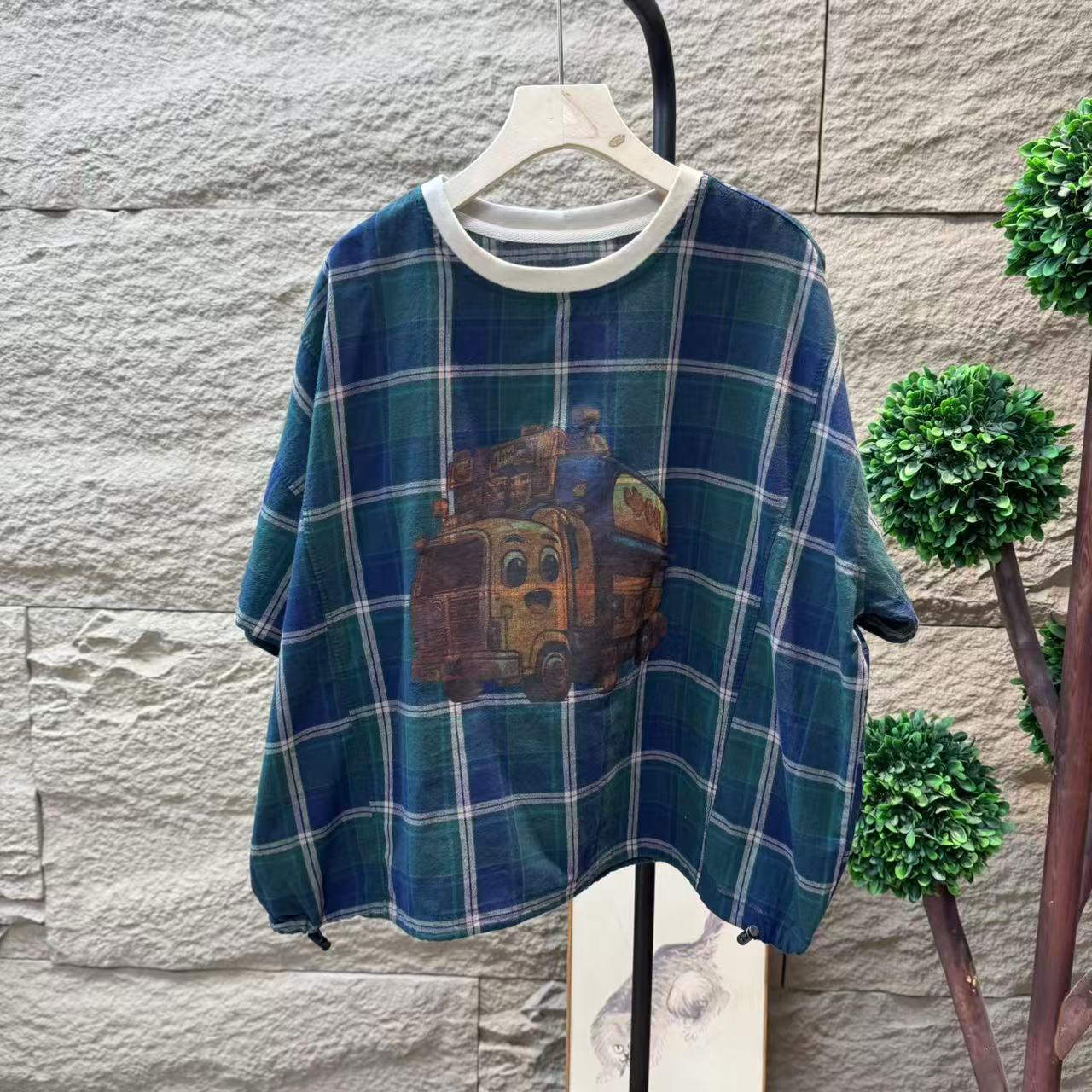 13018新款夏季简约百搭休闲格子印花T恤