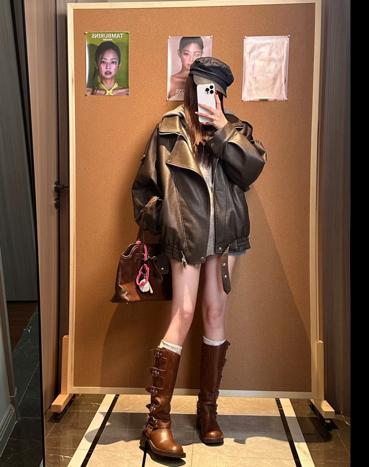 酷飒拽姐穿搭辣妹风长袖条纹衬衫+皮衣外套两件套