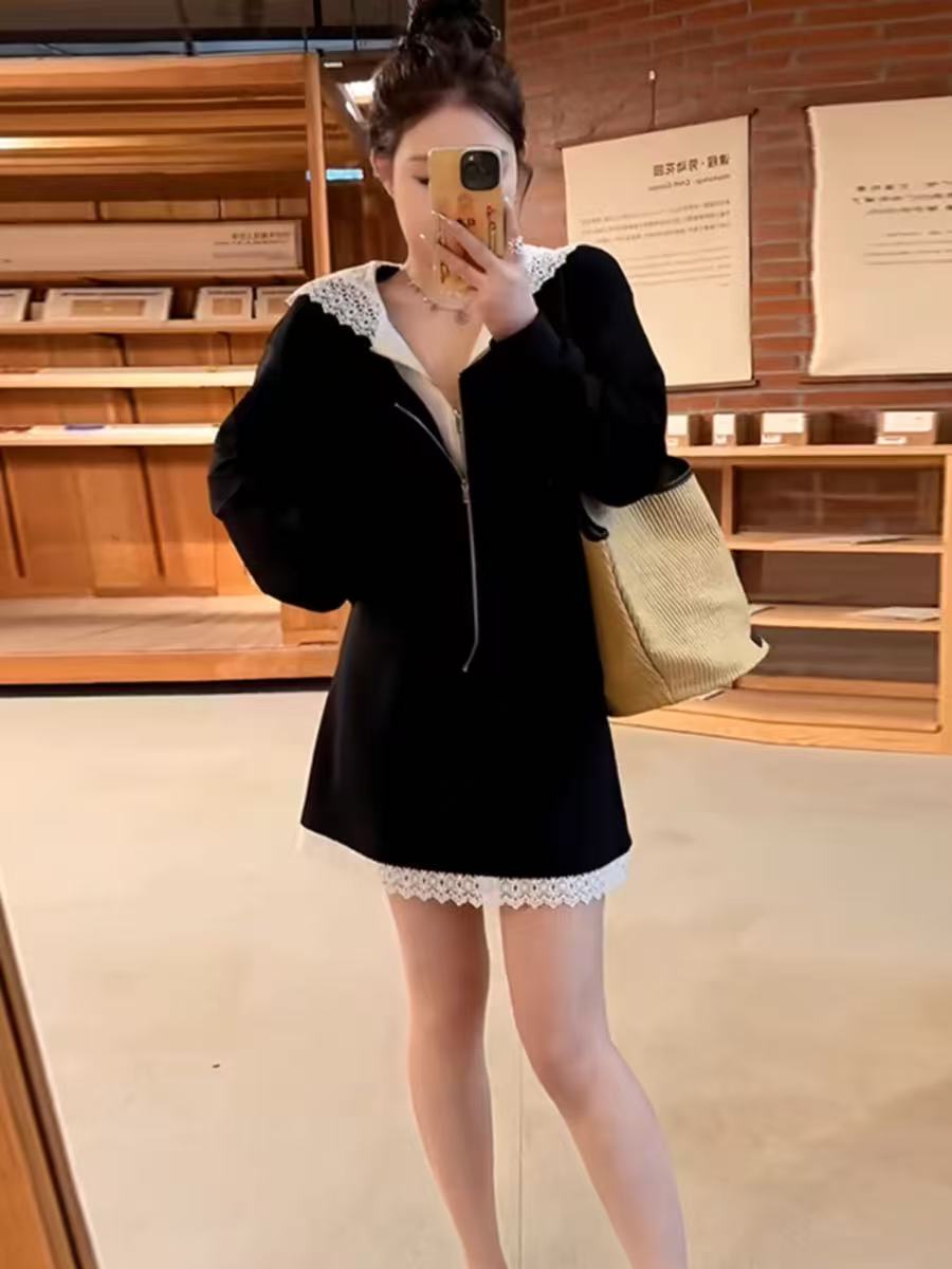 轻奢推荐韩系拼接蕾丝连帽上衣半身裙两件套开春胖mm显瘦一整套装