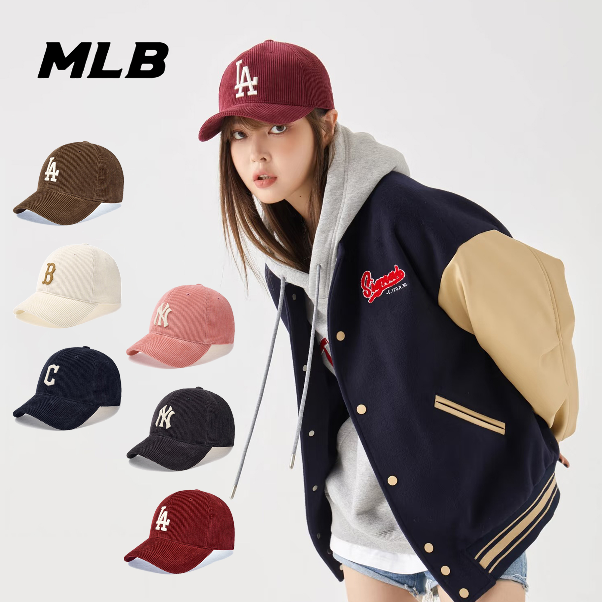 MLB正品 男女情侣百搭大logo时尚休闲灯芯绒棒球帽25冬季CPWC1