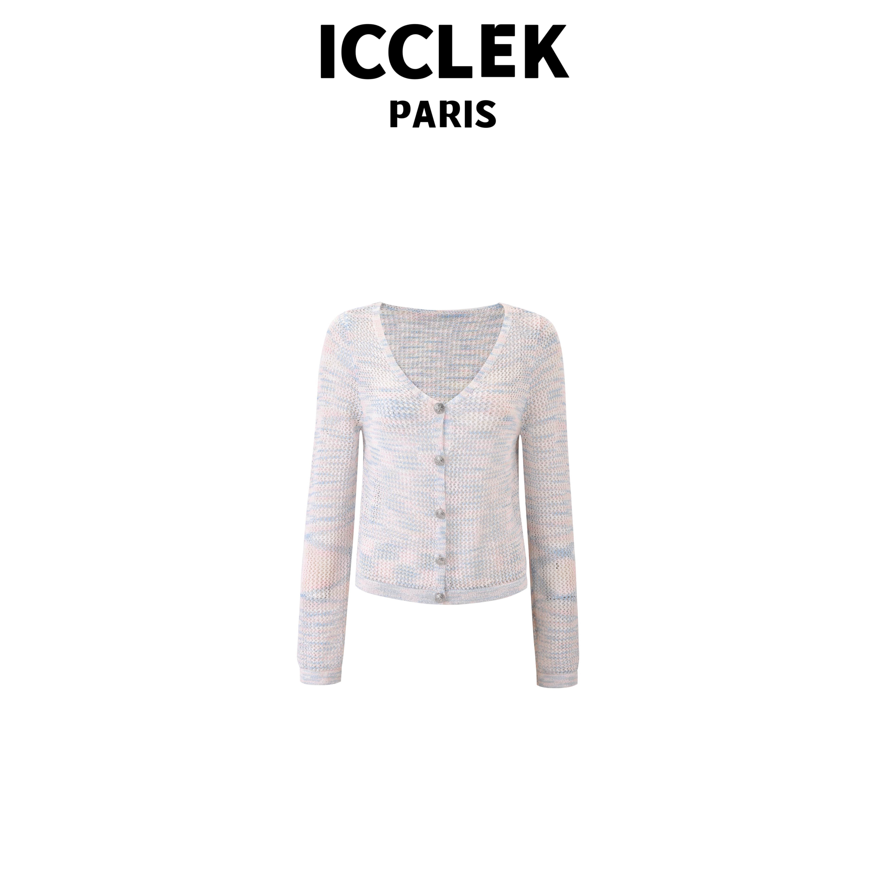 ICCLEK 白色V领开襟镂空短袖薄款针织衫 -5383