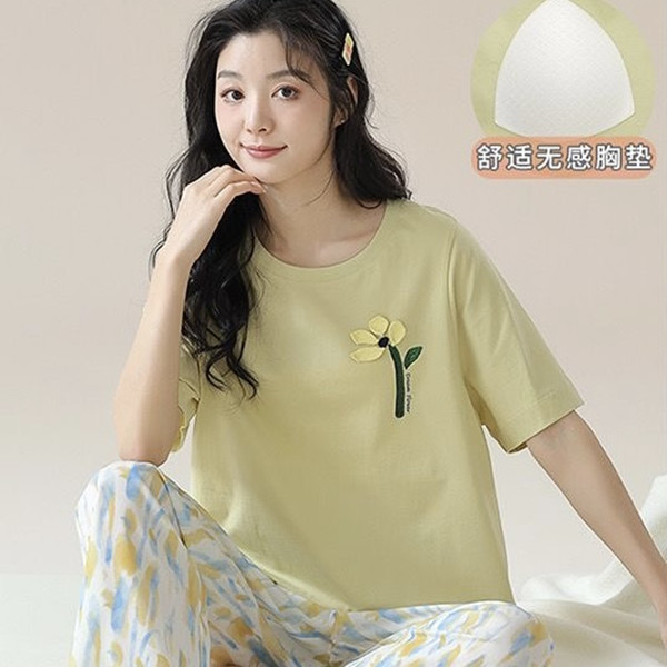 8049夏季女士带胸垫纯棉睡衣套装短袖长裤睡衣女套装女士家居服